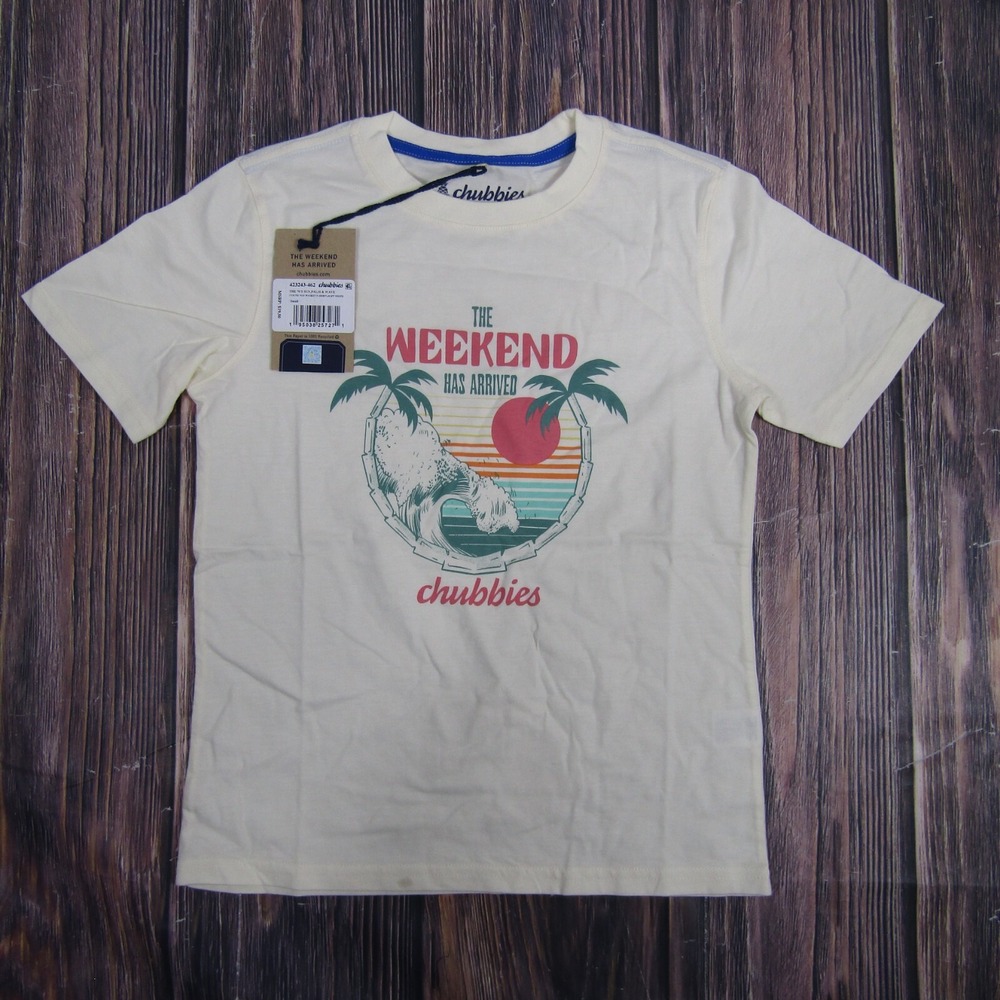 Chubbies NEW NWT Youth‎ S Short Sleeve Tee T Shirt White 70s Sun Palm & Wave